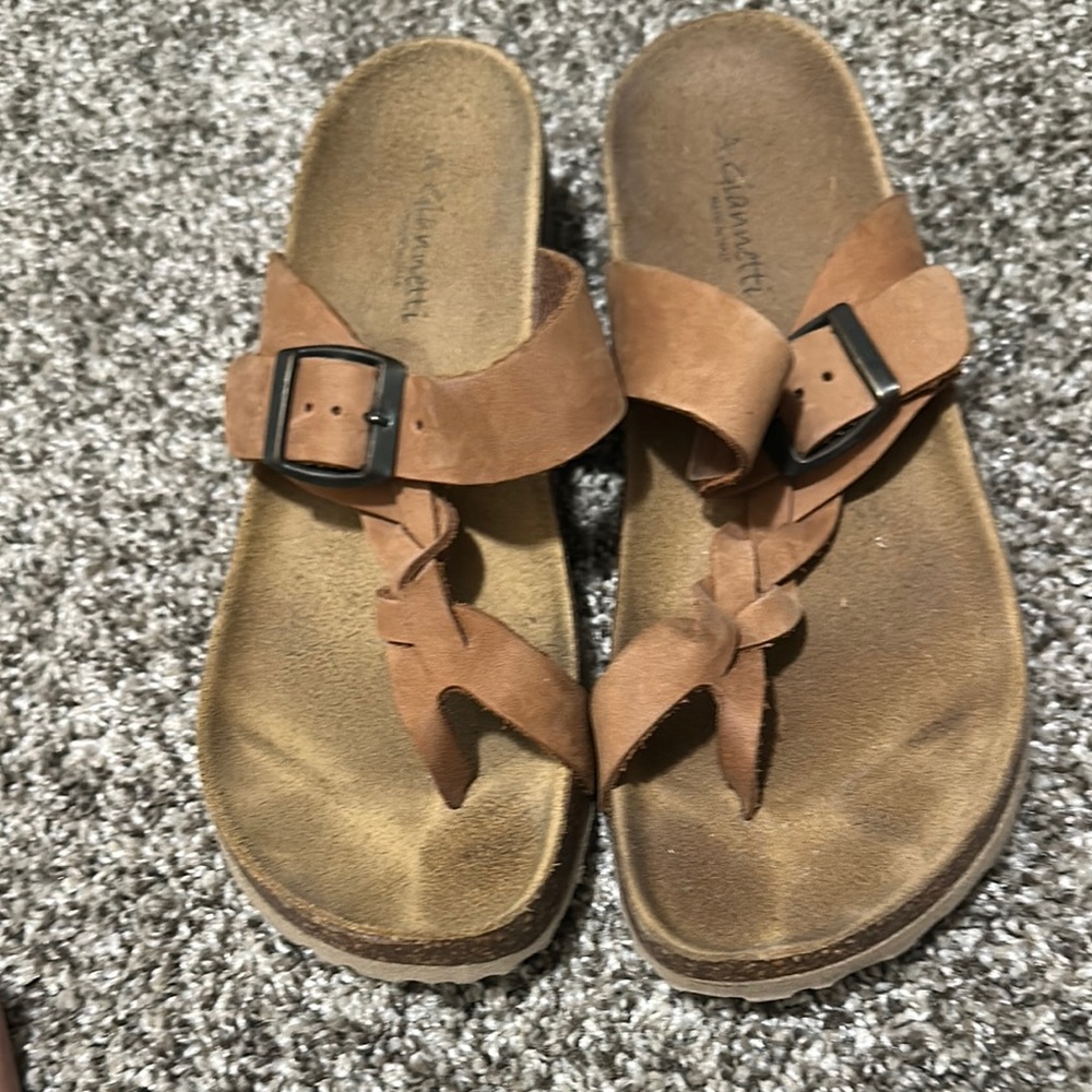 A. Giannetti Tan Leather Sandals with Black Buckle